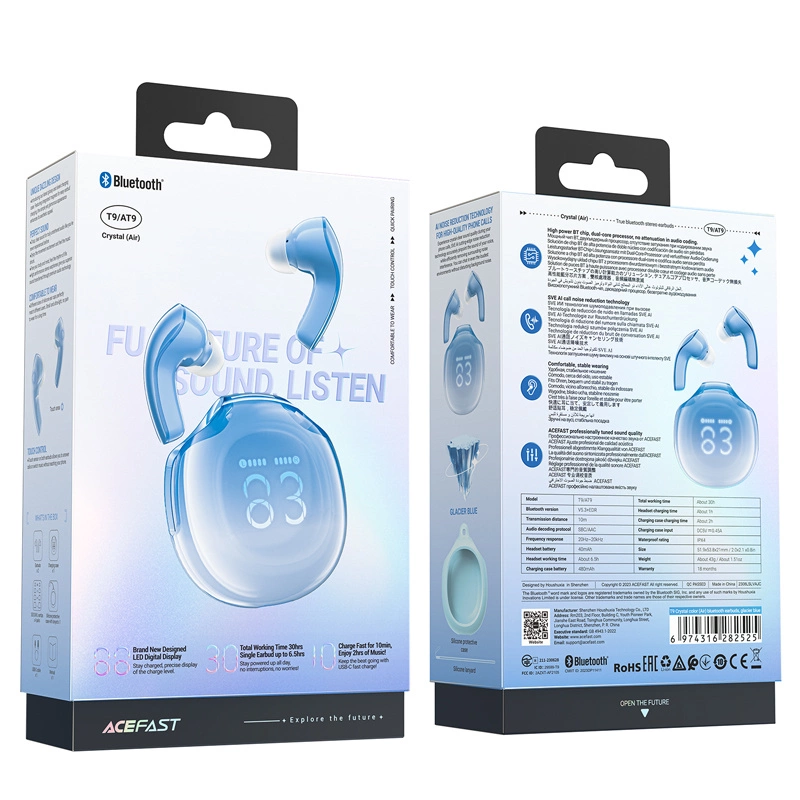 Confezione di auricolari Bluetooth Acefast T9 blu, con immagini e specifiche.