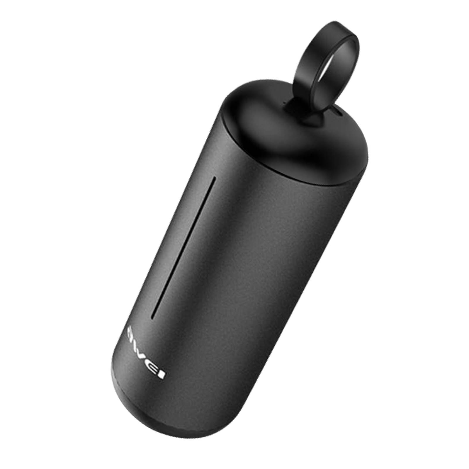 Un altoparlante Bluetooth cilindrico e nero con un passante per il trasporto in alto e logo bianco.
