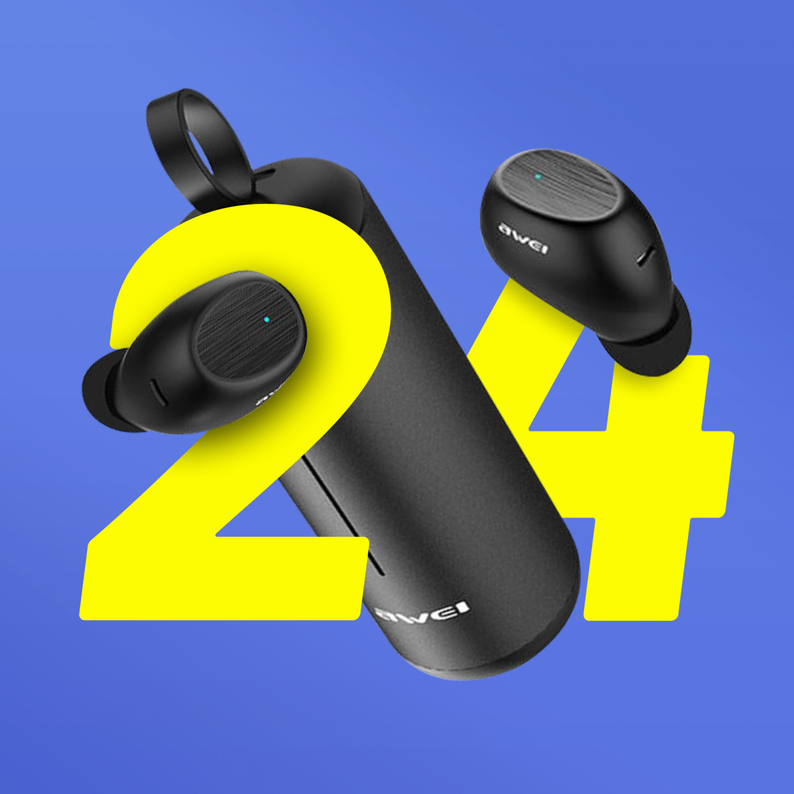Auricolari neri e custodia di ricarica su sfondo blu con il numero 24 giallo.