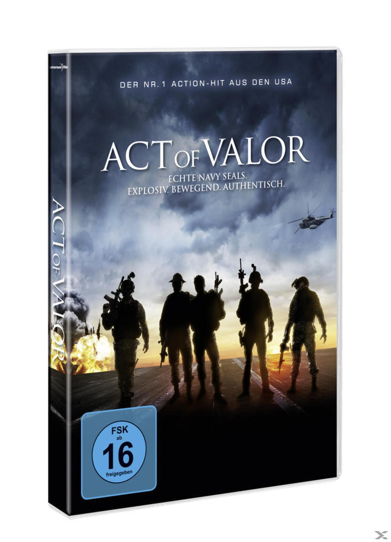 DVD-Hülle von Act of Valor mit fünf bewaffneten Soldaten vor bewölktem Himmel, Explosion und Hubschrauber.