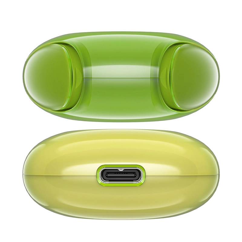 Custodia ovale verde lucida, vista dall'alto con auricolari e dal basso con porta USB-C.