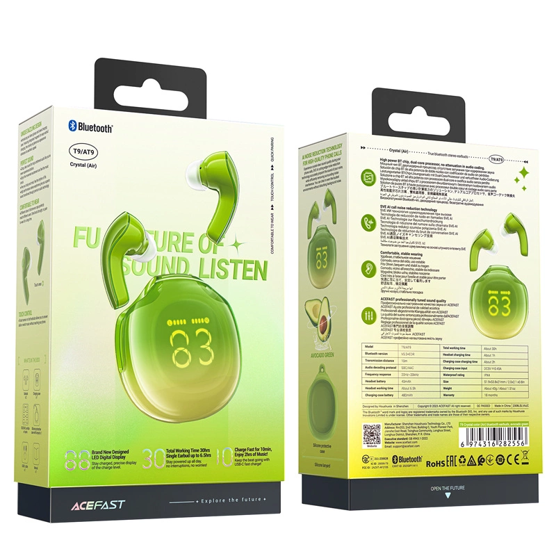 Auricolari Bluetooth Acefast T9 verdi e la confezione con testo e immagini.