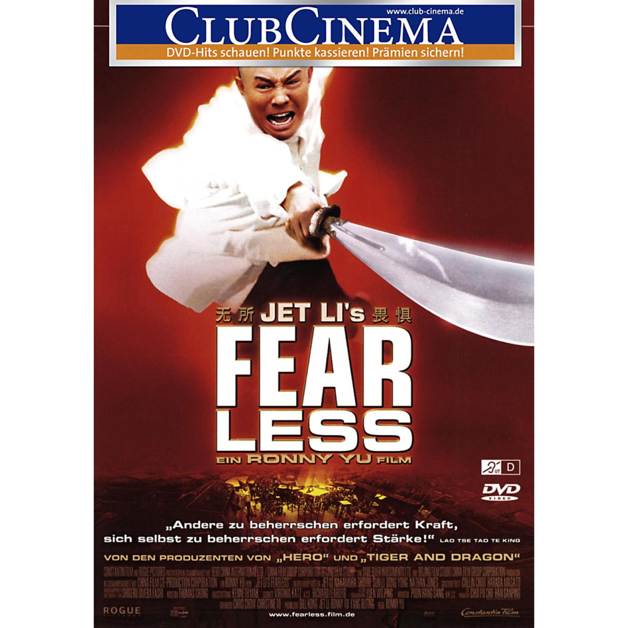 DVD-Cover von Jet Lis Fearless mit dem Hauptdarsteller mit Schwert in weißer Kleidung vor rotem Hintergrund.