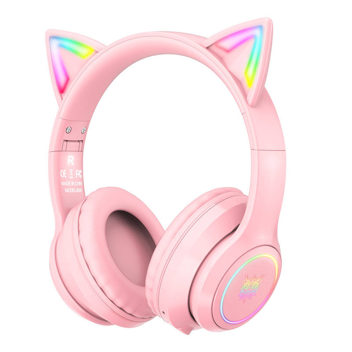 Cuffie wireless rosa con orecchie di gatto e luci LED arcobaleno luminose su sfondo bianco.