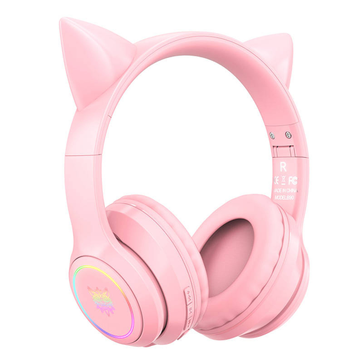 Cuffie rosa con orecchie da gatto e anelli luminosi RGB sui padiglioni su sfondo bianco.