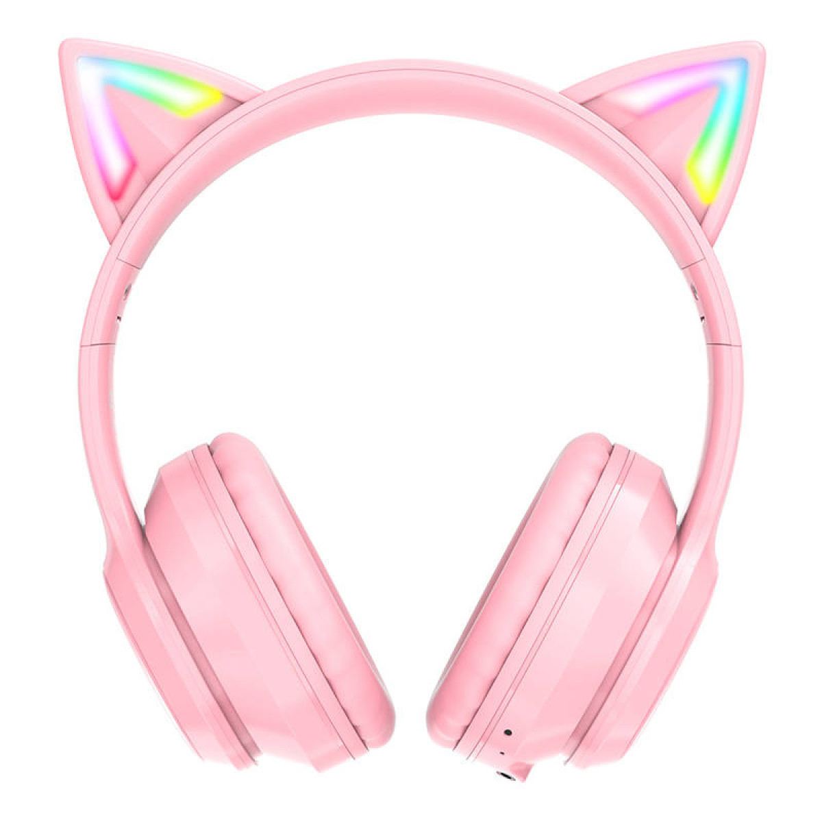 Cuffie rosa con orecchie di gatto e luci LED RGB luminose su sfondo bianco.