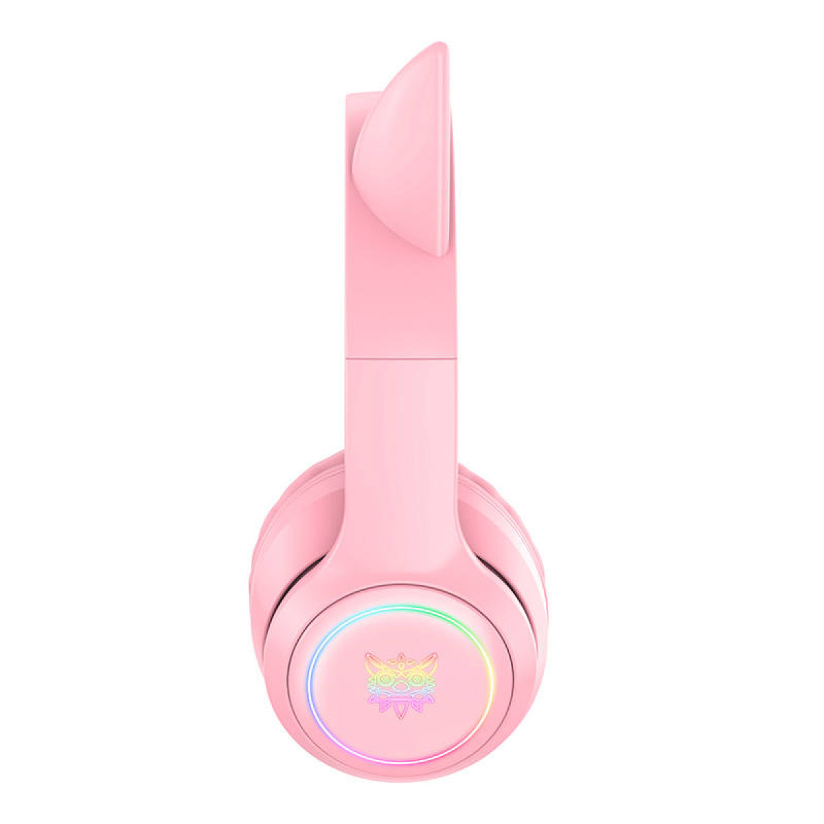 Cuffie rosa con orecchie da gatto e padiglioni luminosi.