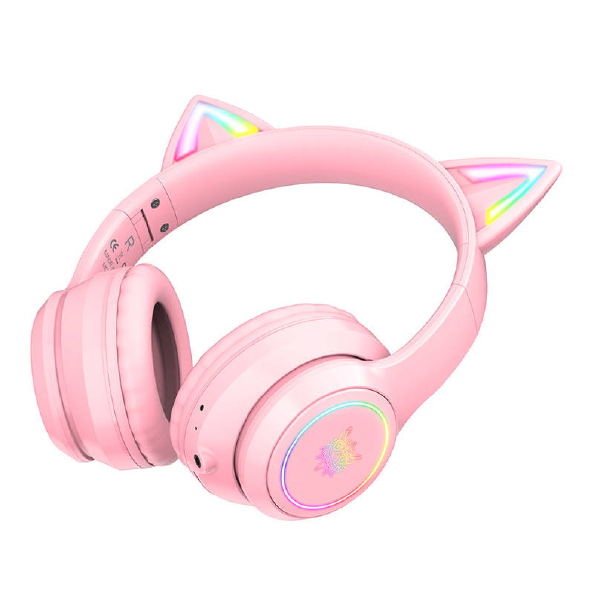Cuffie rosa con orecchie da gatto luminose e padiglioni auricolari RGB rotondi su sfondo bianco.