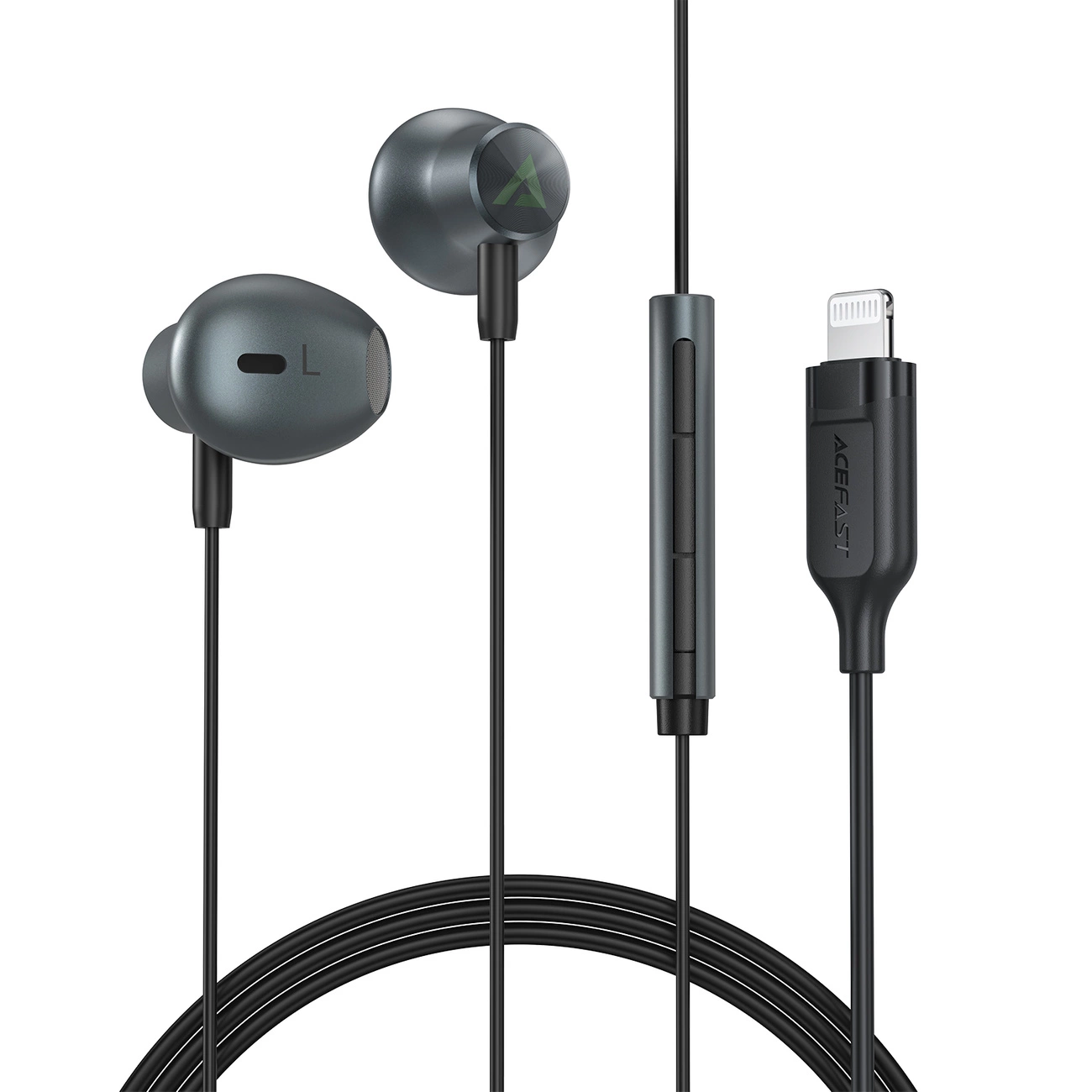 Auricolari in-ear con cavo grigio scuro, microfono in linea e connettore Lightning.