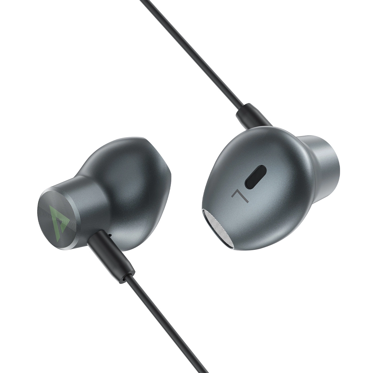 Auricolari in-ear con cavo grigio scuro su sfondo bianco.