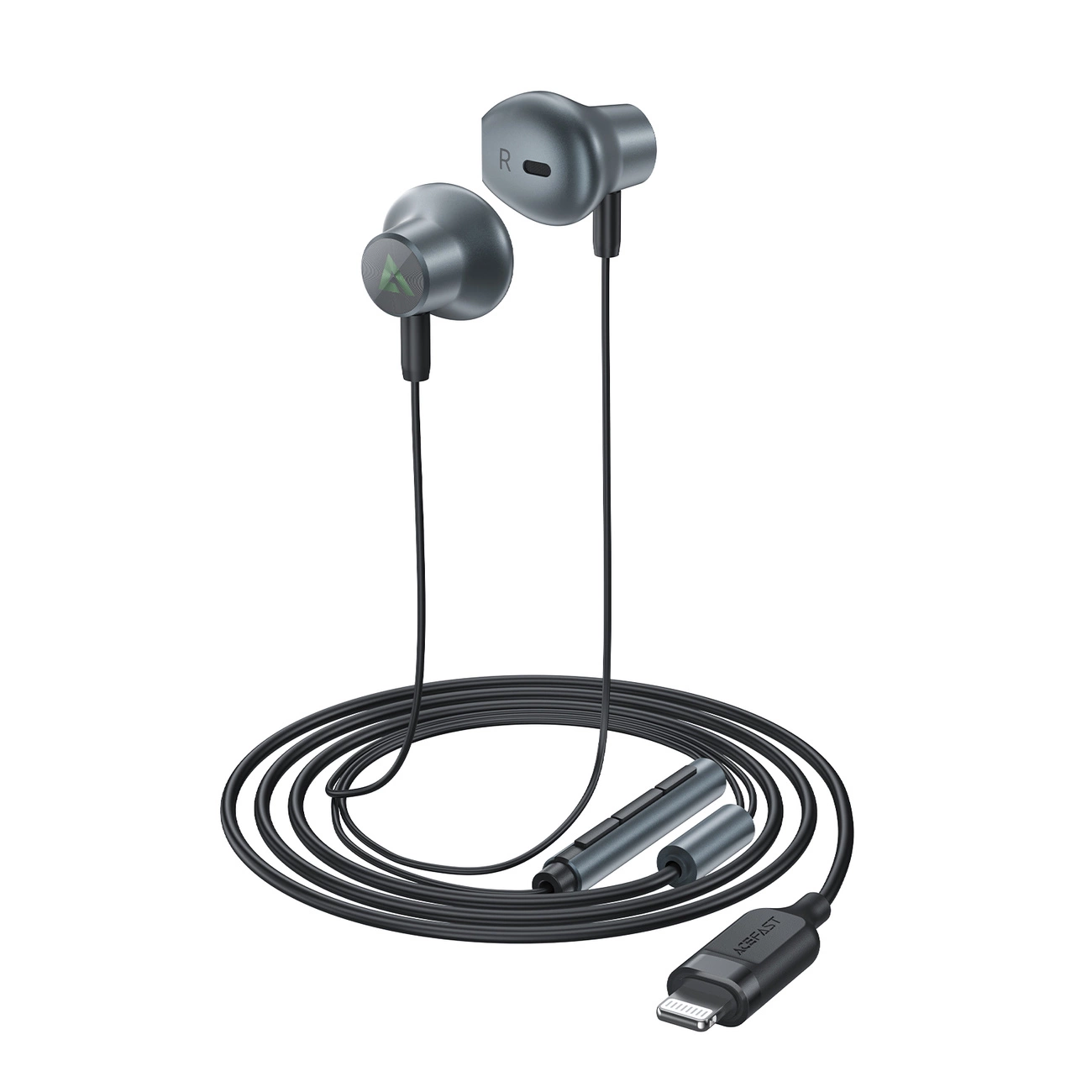 Cuffie in-ear con cavo grigio con connettore Lightning, telecomando in linea e cavo arrotolato su sfondo bianco.