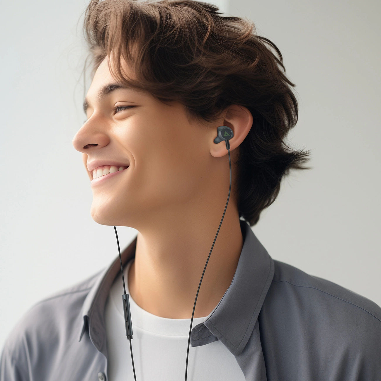 Un giovane sorridente con auricolari cablati scuri e una camicia grigia su sfondo neutro.