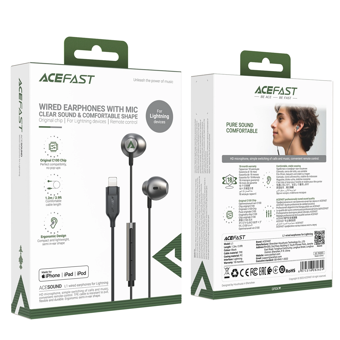 Confezione di auricolari con filo Acefast con connettore Lightning, che mostra la vista anteriore e posteriore.