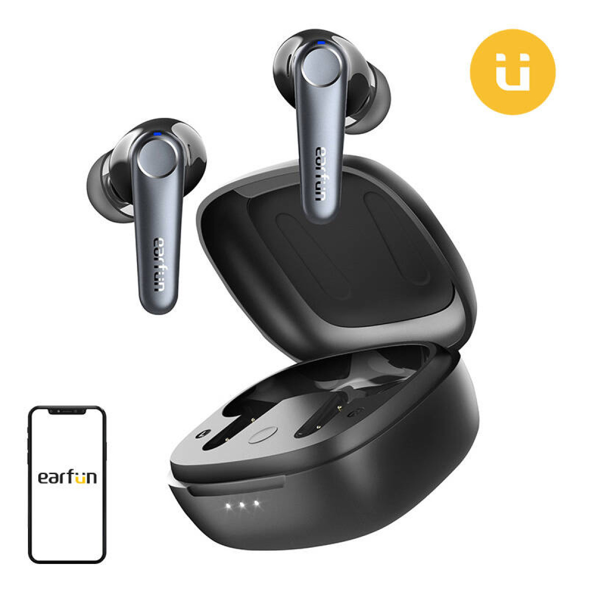 Auriculares Bluetooth EarFun grises con estuche de carga y teléfono.
