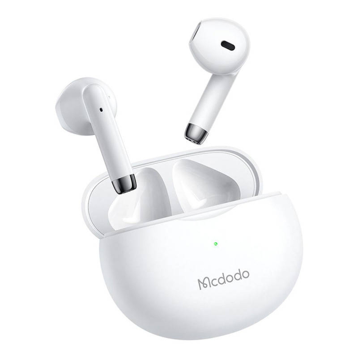 Auricolari wireless bianchi fluttuanti sopra la custodia di carica bianca aperta con il logo Mcdodo.