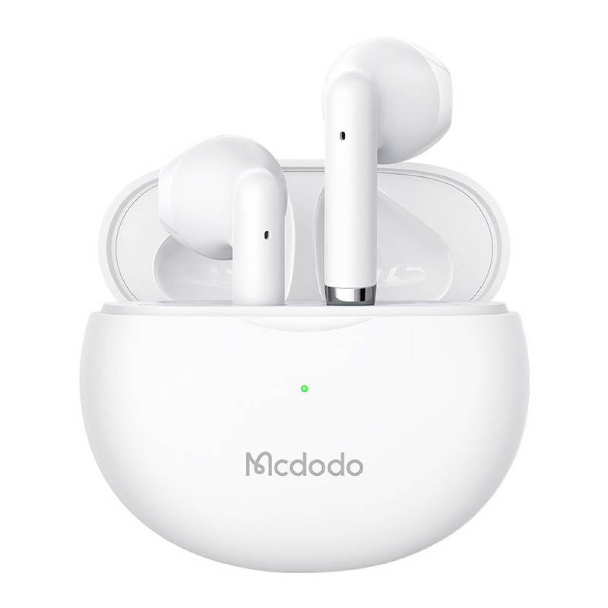 Auricolari wireless bianchi in una custodia di carica Mcdodo aperta con spia verde.