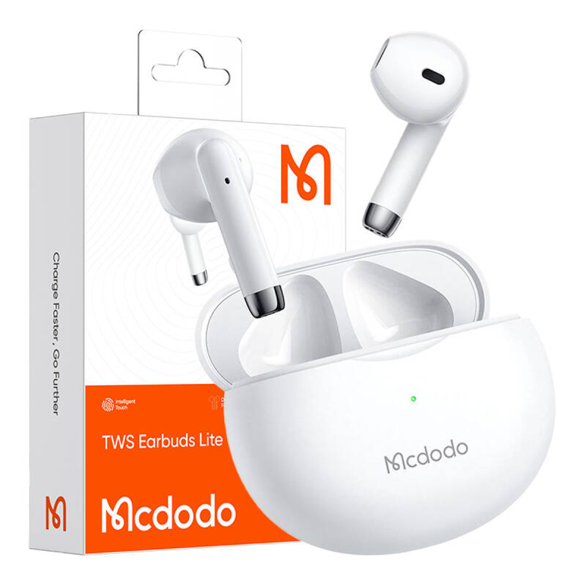 Auricolari wireless bianchi Mcdodo TWS Earbuds Lite con custodia di ricarica e confezione su sfondo bianco.