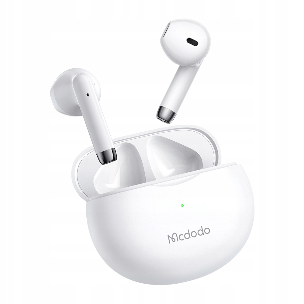 Auricolari in-ear Bluetooth Mcdodo bianchi con custodia di ricarica su sfondo bianco.
