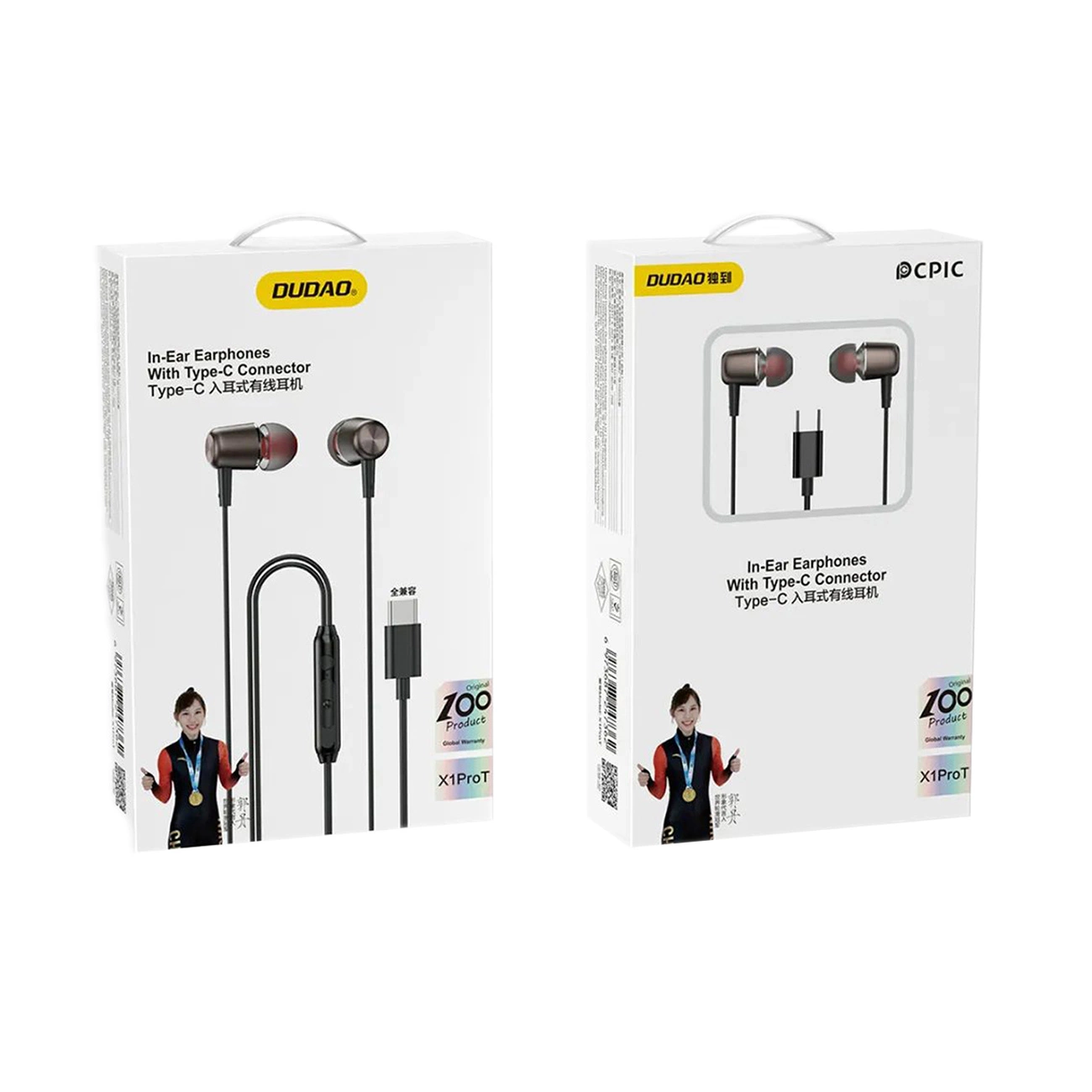 Due confezioni bianche per cuffie in-ear Dudao X1ProT con connettore Type-C.