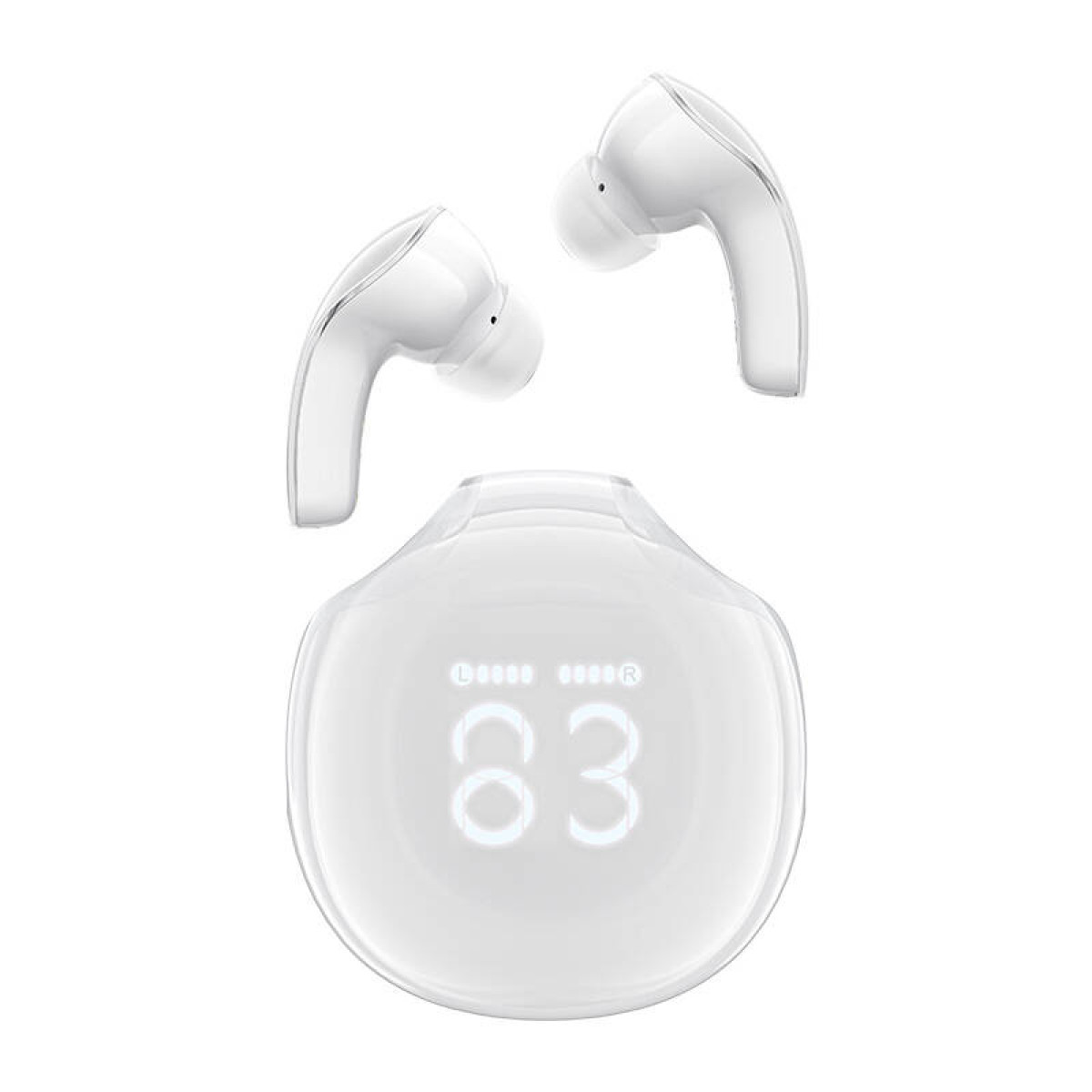 Auricolari wireless bianchi con custodia di ricarica che mostra il livello della batteria 83.