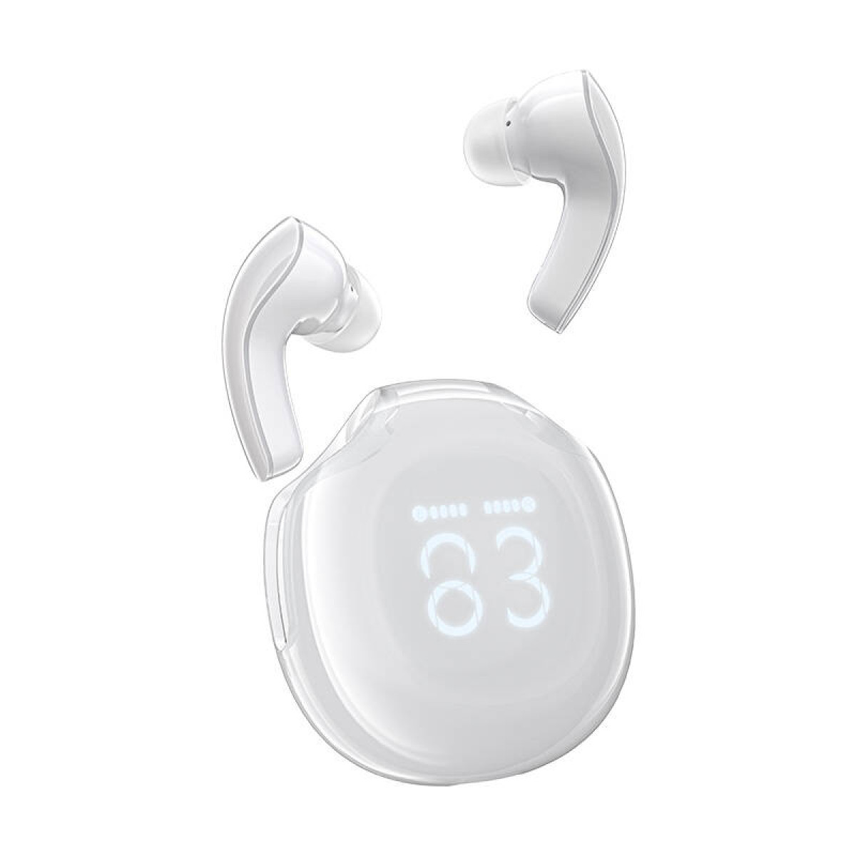 Auricolari wireless bianchi con custodia di ricarica che mostra la percentuale di batteria.