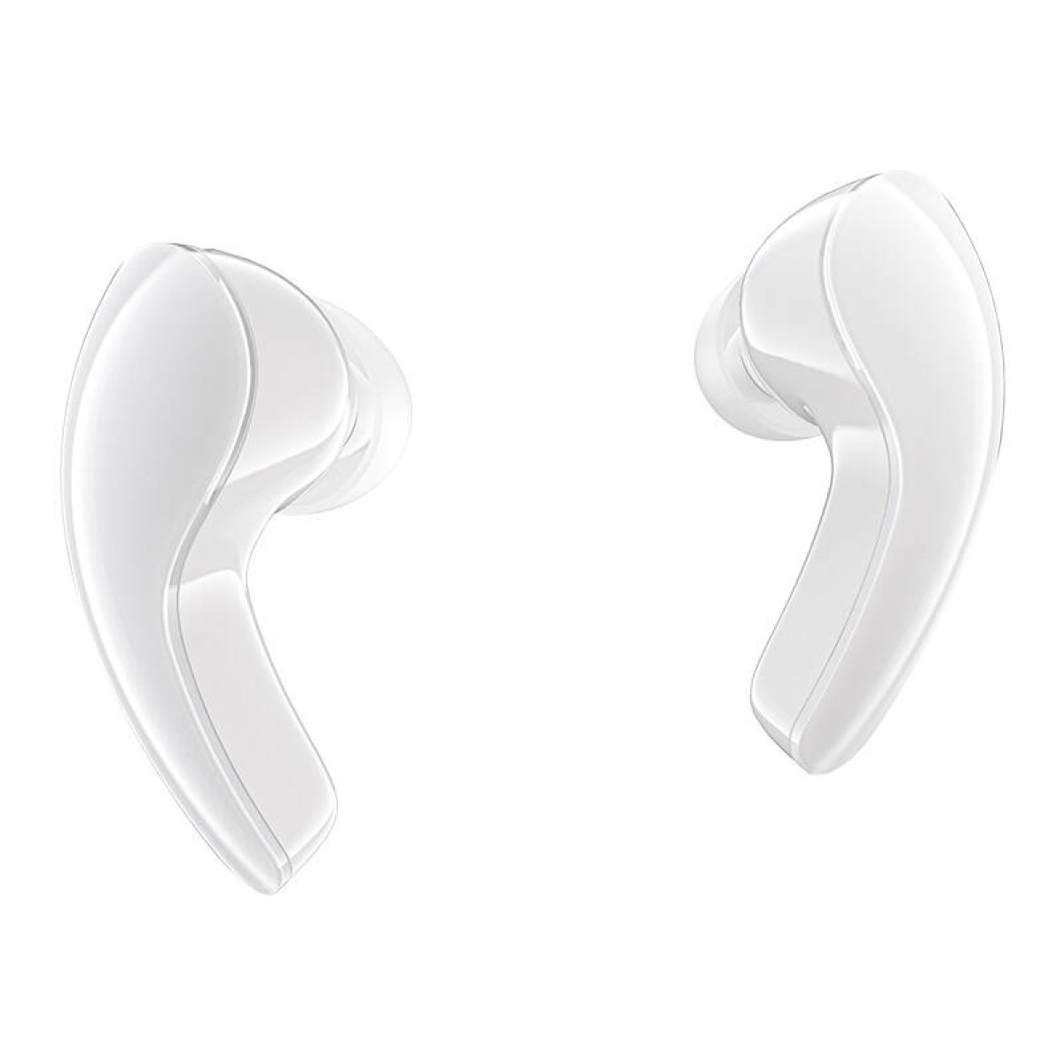 Due auricolari wireless bianchi lucidi su uno sfondo bianco pulito.