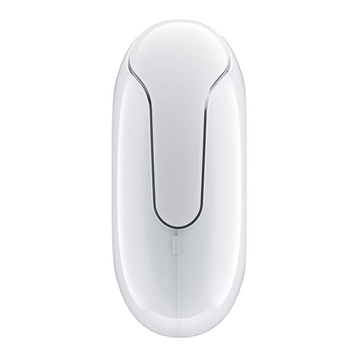Un apriscatole in plastica ovale bianco lucido su sfondo bianco.