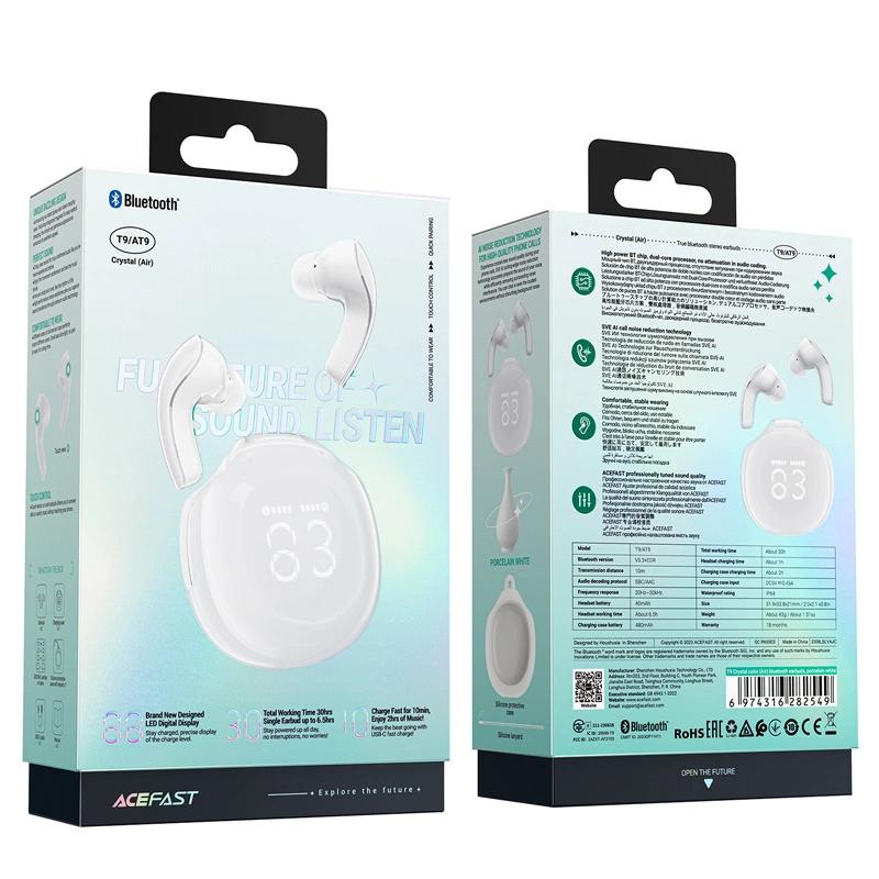 Auricolari TWS ACEFAST T9 bianchi con custodia di ricarica in confezione verde menta e bianca.