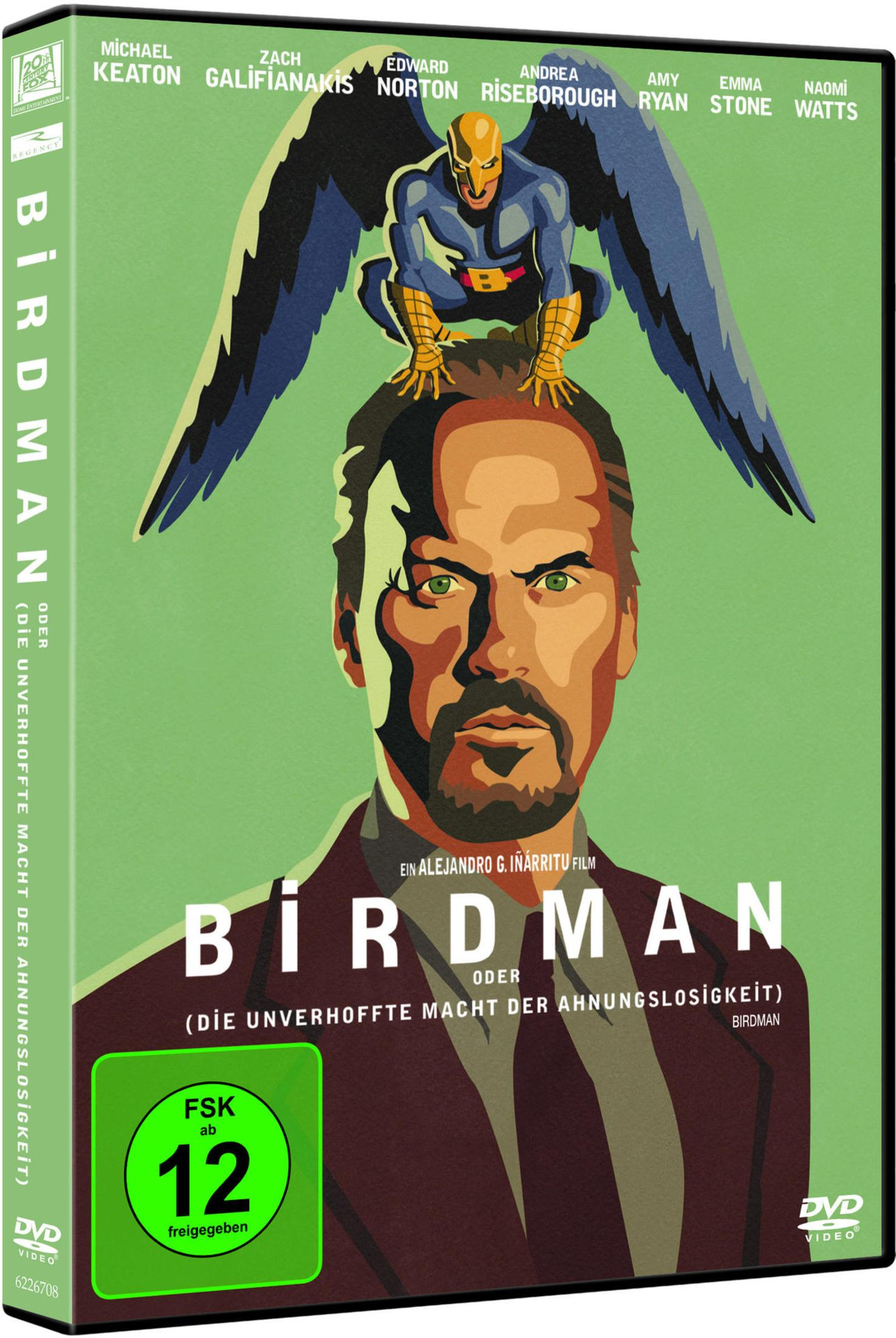 DVD-Cover von Birdman mit einem Mann und einem Vogelsuperhelden auf dem Kopf vor grünem Hintergrund.