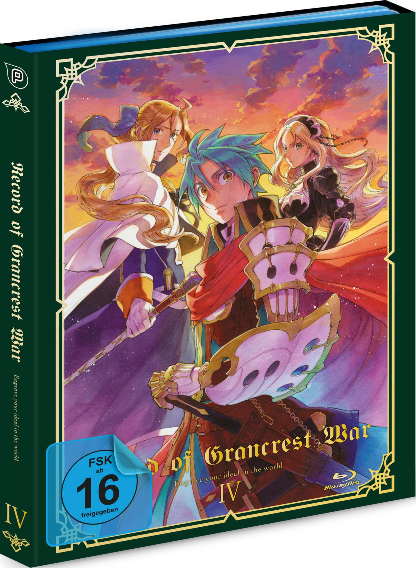 Anime-Cover mit drei Figuren vor Abendhimmel, Wappen und FSK-16-Altersfreigabe.