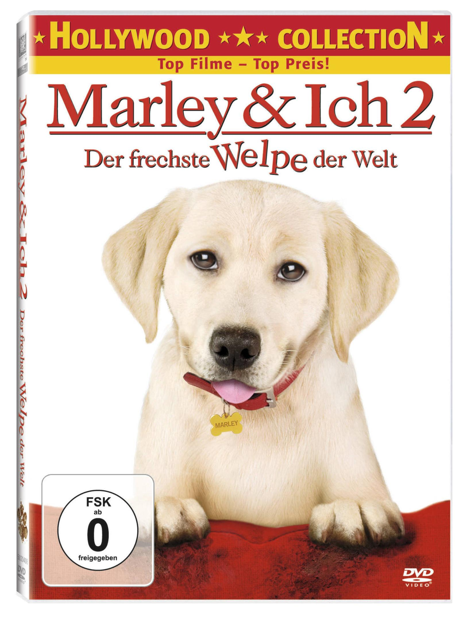 DVD-Hülle von Marley & Ich 2 mit einem niedlichen gelben Labrador-Welpen auf rotem Untergrund.