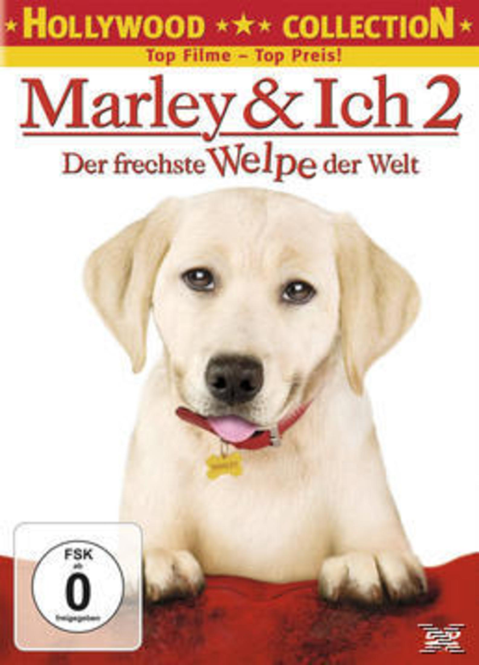DVD-Cover von Marley & Ich 2 mit einem süßen gelben Labrador-Welpen mit rotem Halsband vor weißem Hintergrund.