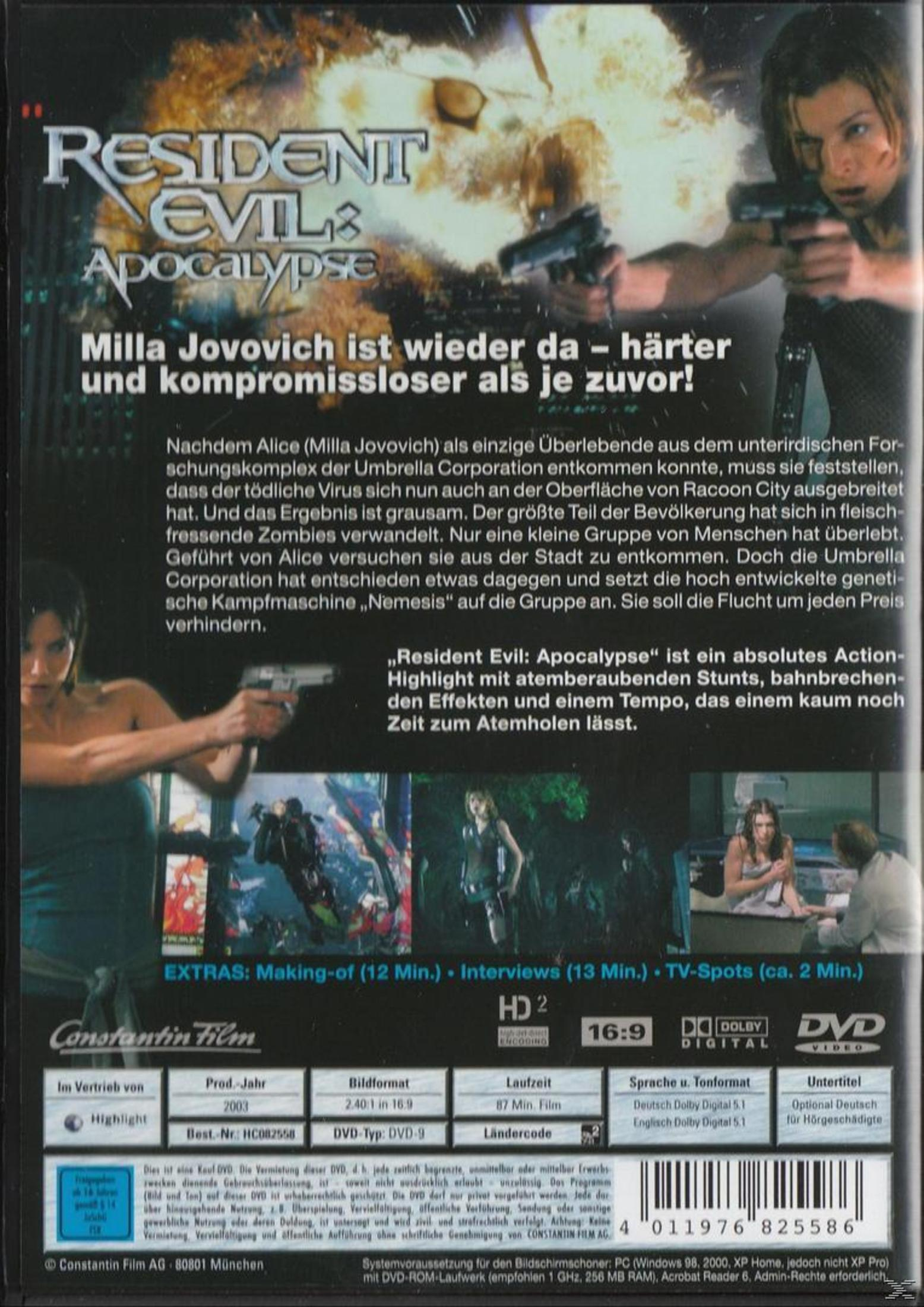 DVD-Rückseite von Resident Evil: Apocalypse mit Milla Jovovich, Filmstillbildern, Beschreibung und technischen Daten.