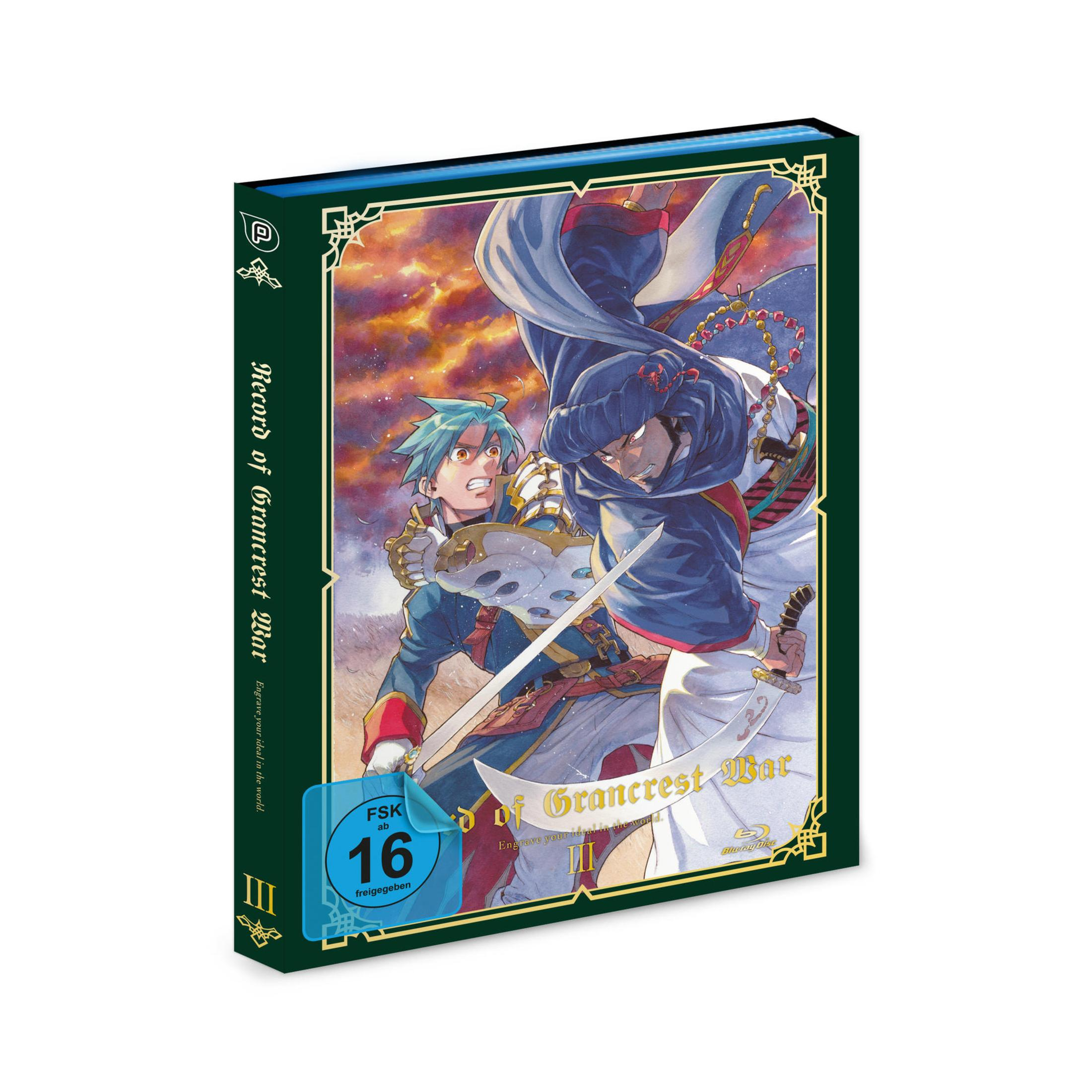 Record of Grancrest War Vol 3 Blu-ray Hülle mit Anime-Charakteren im Kampf.