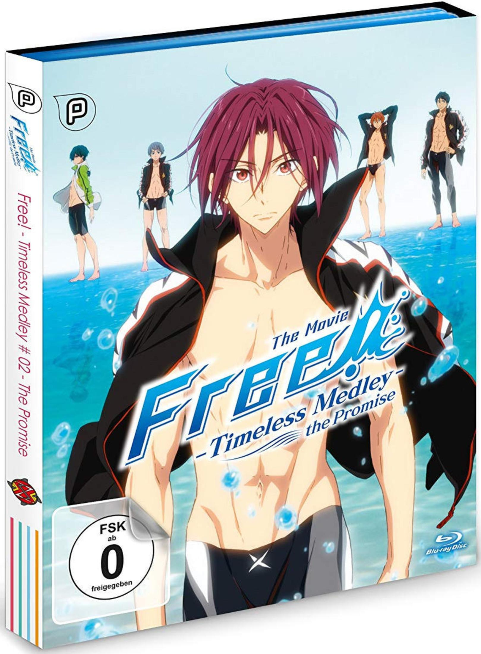 Anime-Blu-ray-Hülle von Free! Timeless Medley mit rothaarigem Charakter und Schwimmern vor blauem Hintergrund.