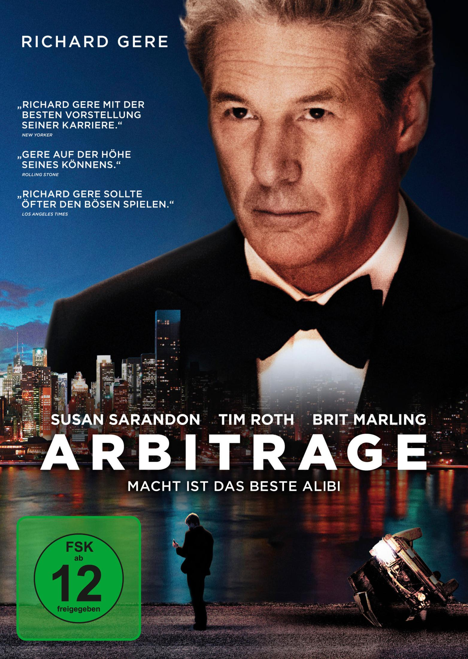 Filmplakat für Arbitrage mit Richard Gere im Anzug, Skyline im Hintergrund, kleiner stehender Figur und gecrashtem Auto.