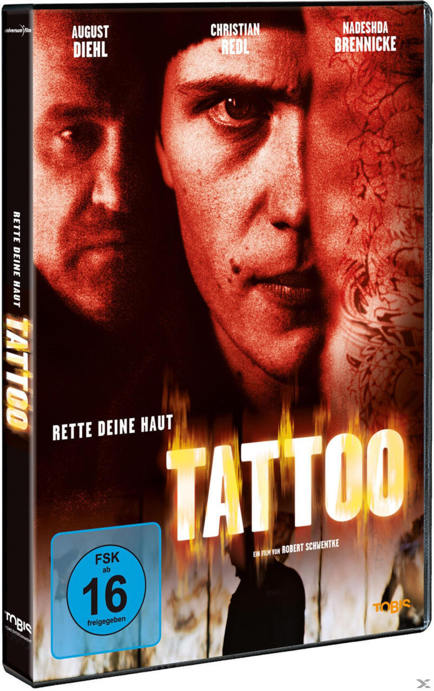 DVD-Hülle des Films Tattoo mit den Gesichtern der Hauptdarsteller und brennendem Schriftzug vor rotem Hintergrund.