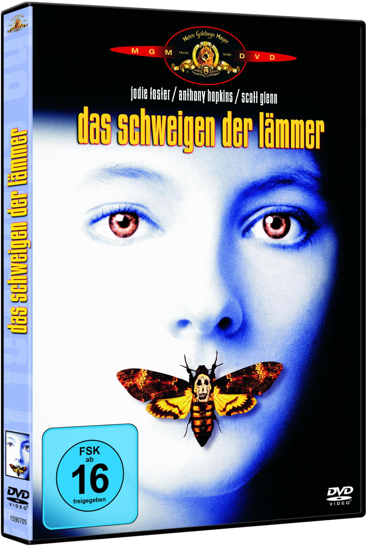 DVD-Hülle des Films Das Schweigen der Lämmer mit bläulichem Gesicht und einem Totenkopfschmetterling vor dem Mund.