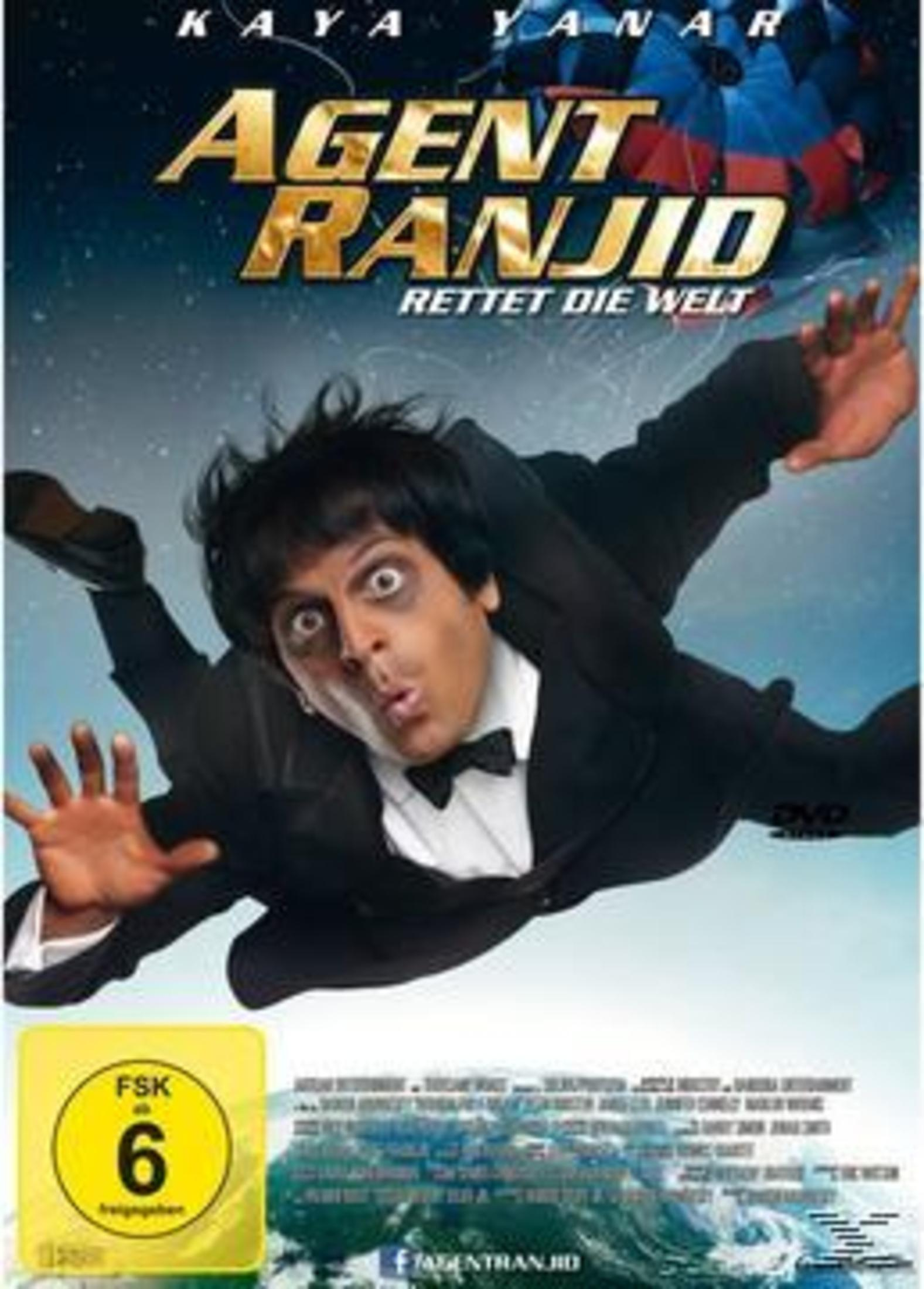 Filmposter von Agent Ranjid rettet die Welt mit einem fallenden Mann im Anzug vor blauem Hintergrund.