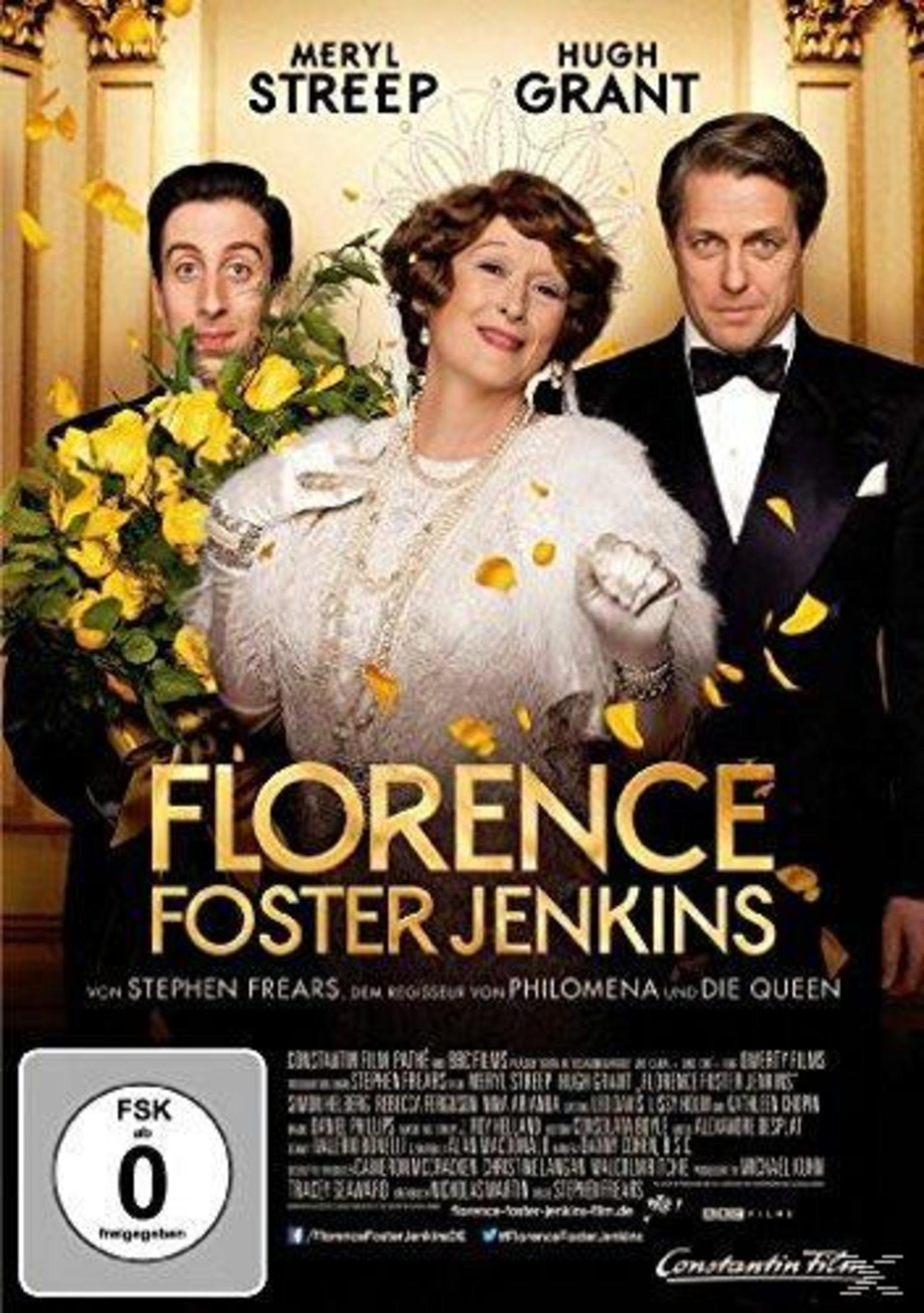 Filmplakat von Florence Foster Jenkins mit Meryl Streep in der Hauptrolle, umgeben von zwei Männern.