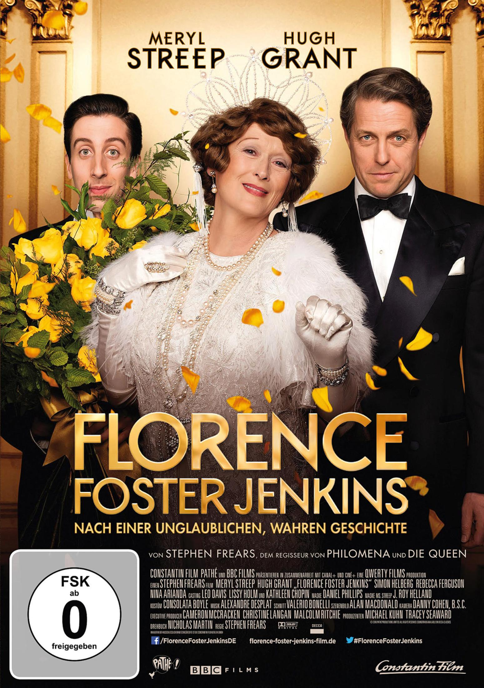 Filmplakat von Florence Foster Jenkins mit Meryl Streep, Hugh Grant und Simon Helberg umgeben von gelben Rosen.
