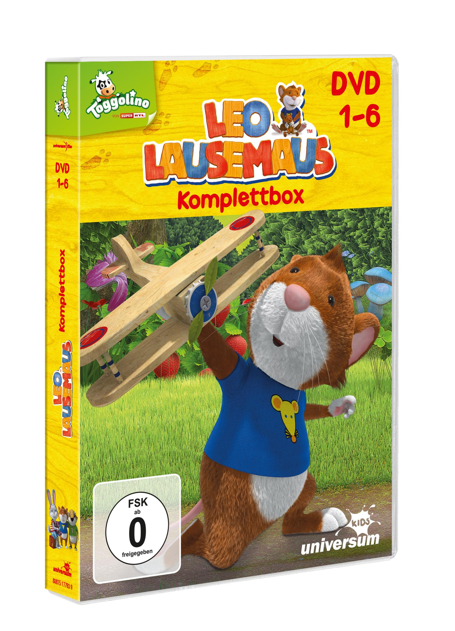 DVD-Verpackung mit einer Zeichentrickmaus, die ein Holzflugzeug in einem Garten hält, und dem Text 'Leo Lausemaus'.