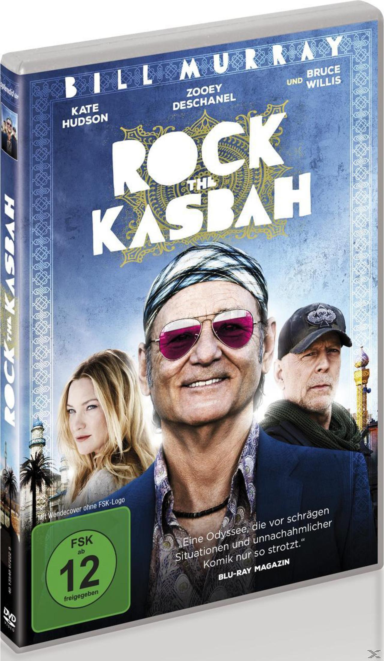 Blu-ray-Hülle des Films Rock the Kasbah, mit Bill Murray, Kate Hudson und Bruce Willis vor blauem Hintergrund.