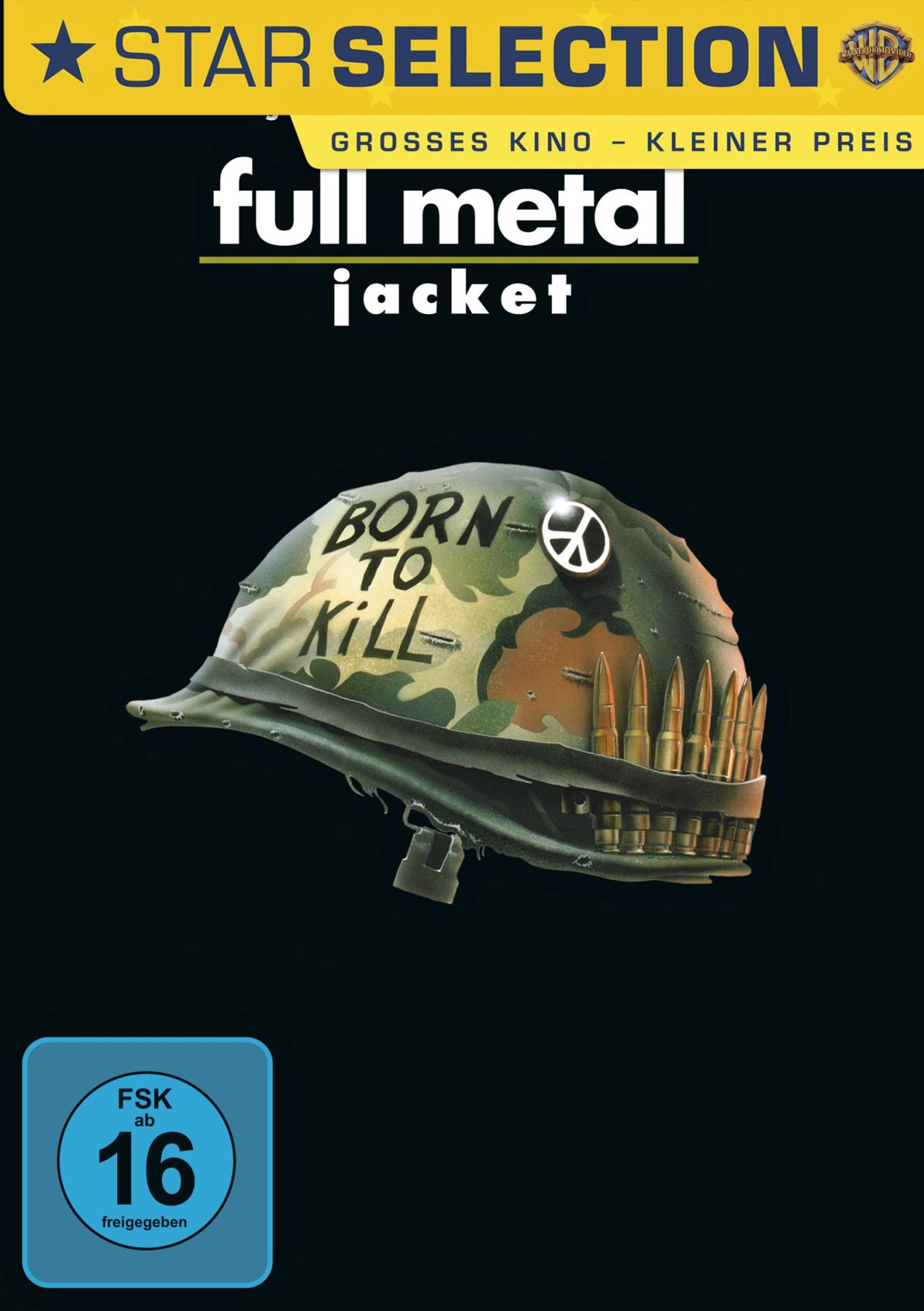 DVD-Cover von Full Metal Jacket mit Helm mit der Aufschrift BORN TO KILL und Patronen vor schwarzem Hintergrund.