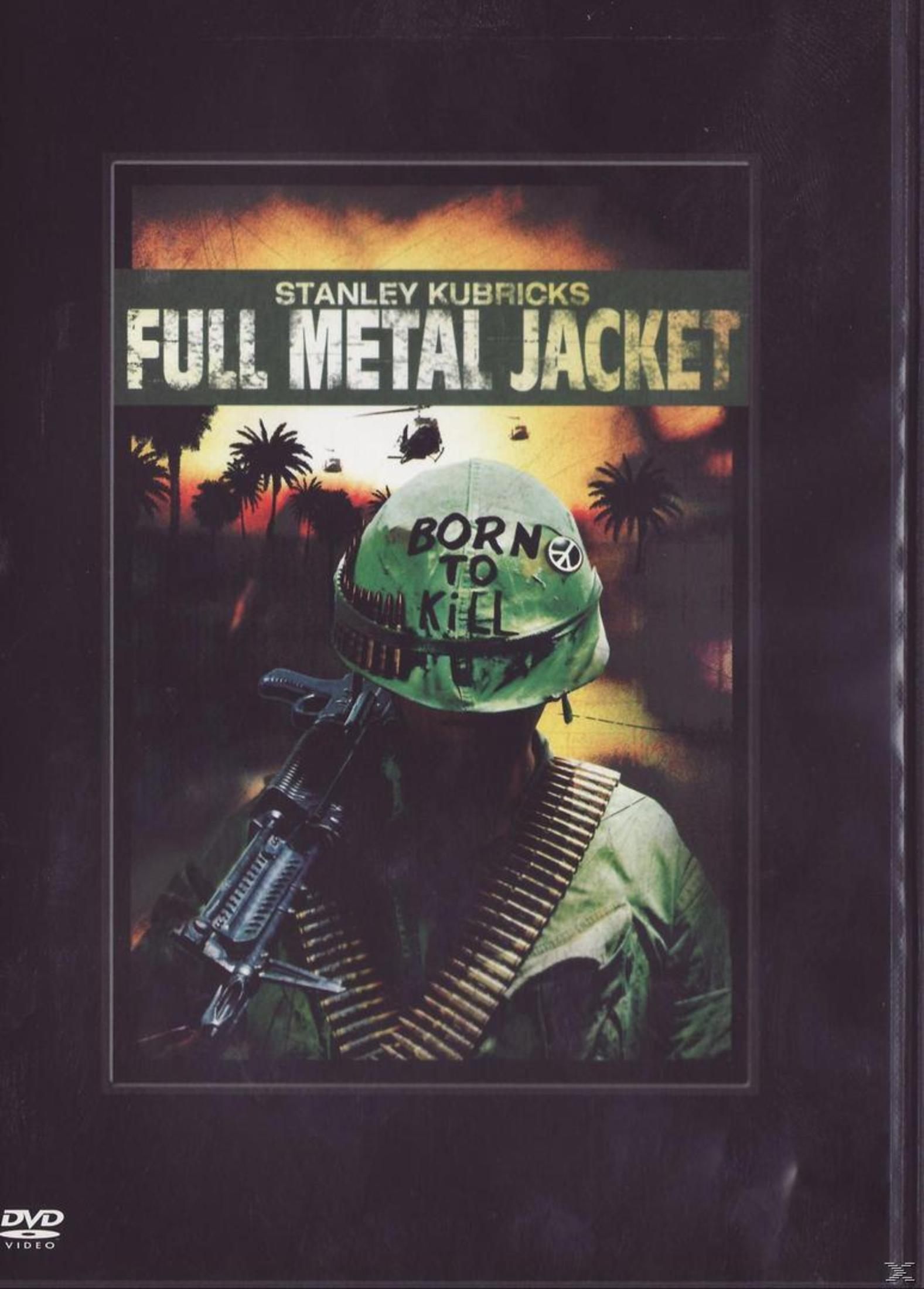 DVD-Cover von Full Metal Jacket mit Soldat mit Helm, Waffe und Patronengürtel vor Palmen.