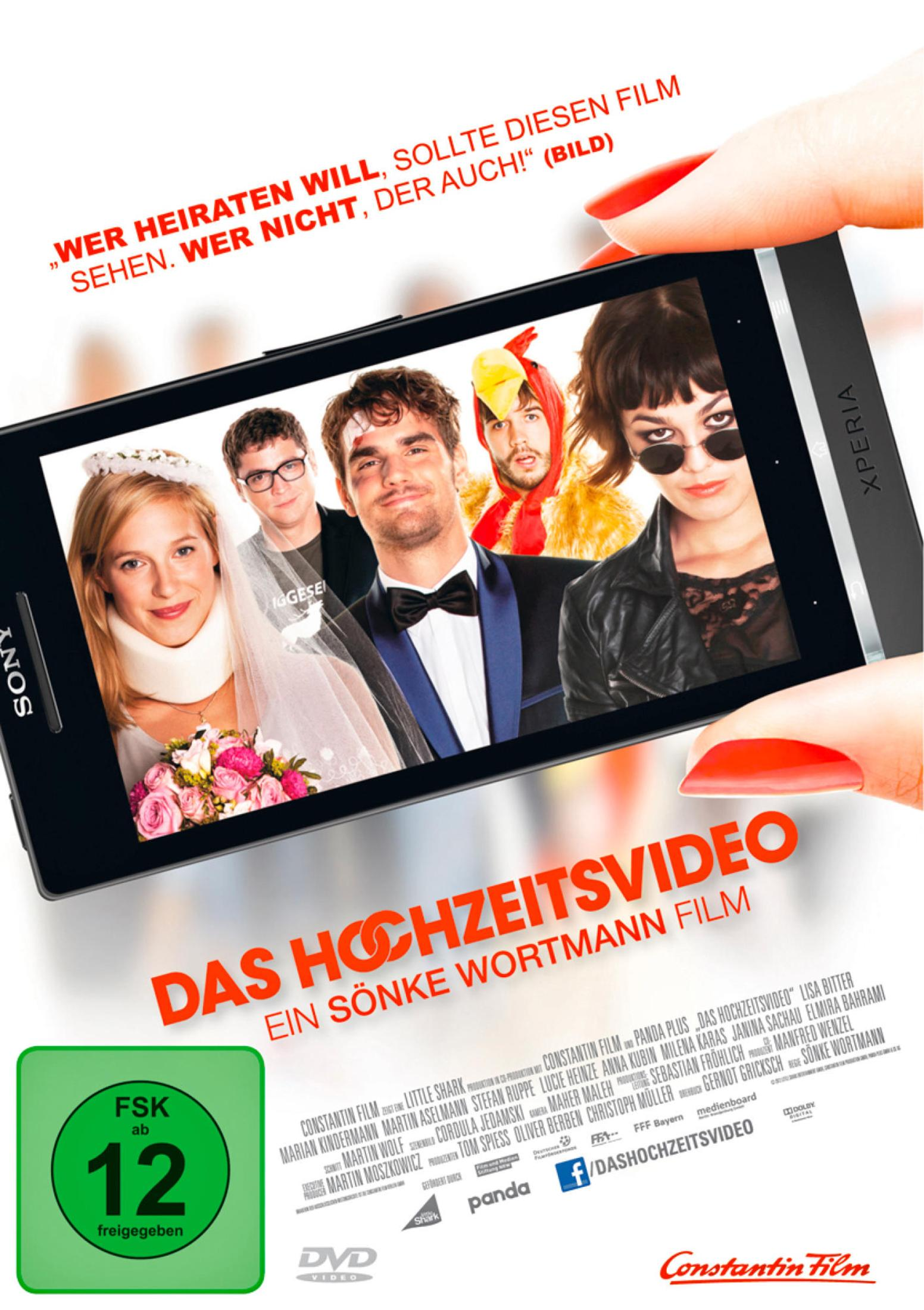 DVD-Cover von Das Hochzeitsvideo mit fünf Personen auf einem Smartphone-Bildschirm.