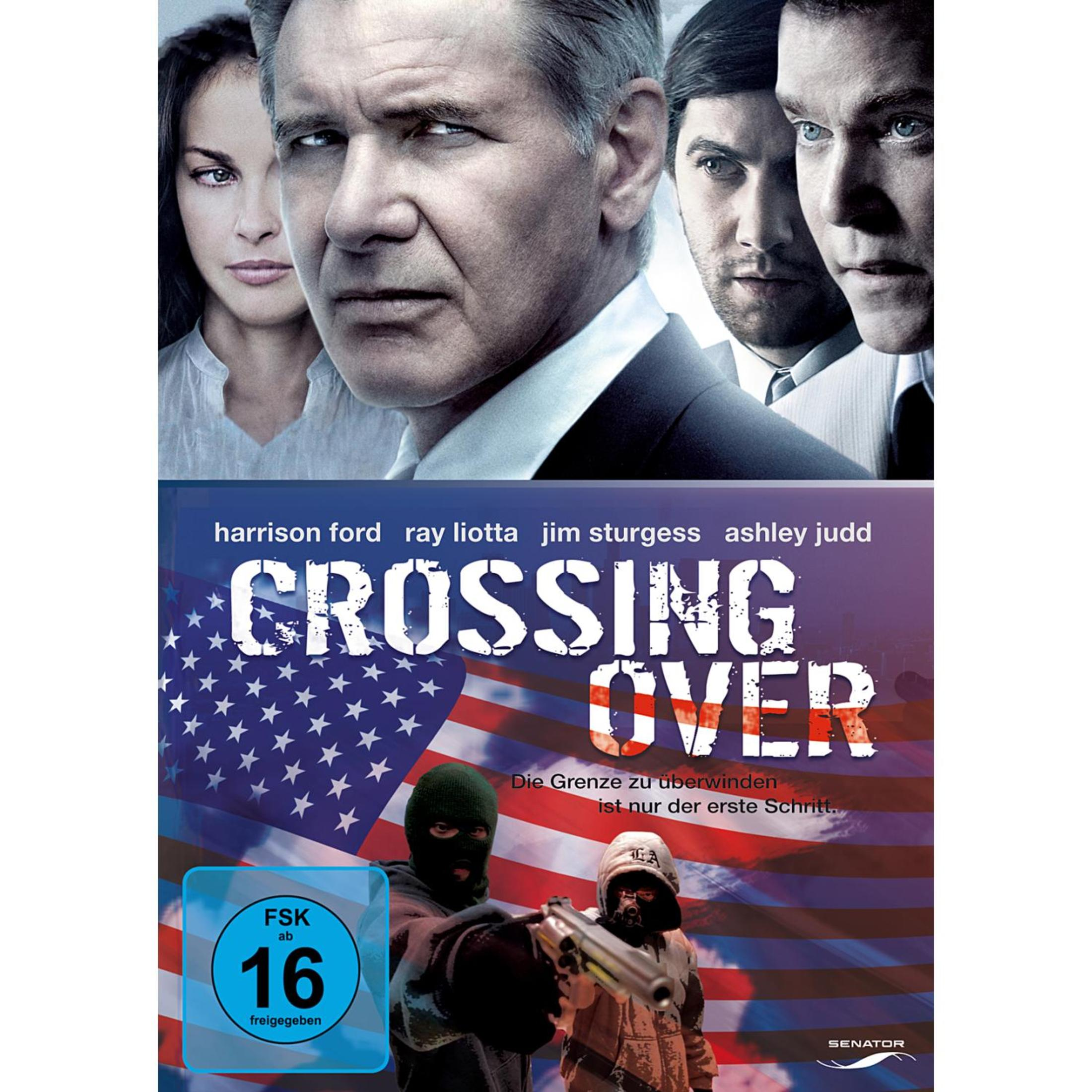 DVD-Cover von Crossing Over mit den Gesichtern der Schauspieler oben, dem Titel über US-Flagge und maskierten Bewaffneten.