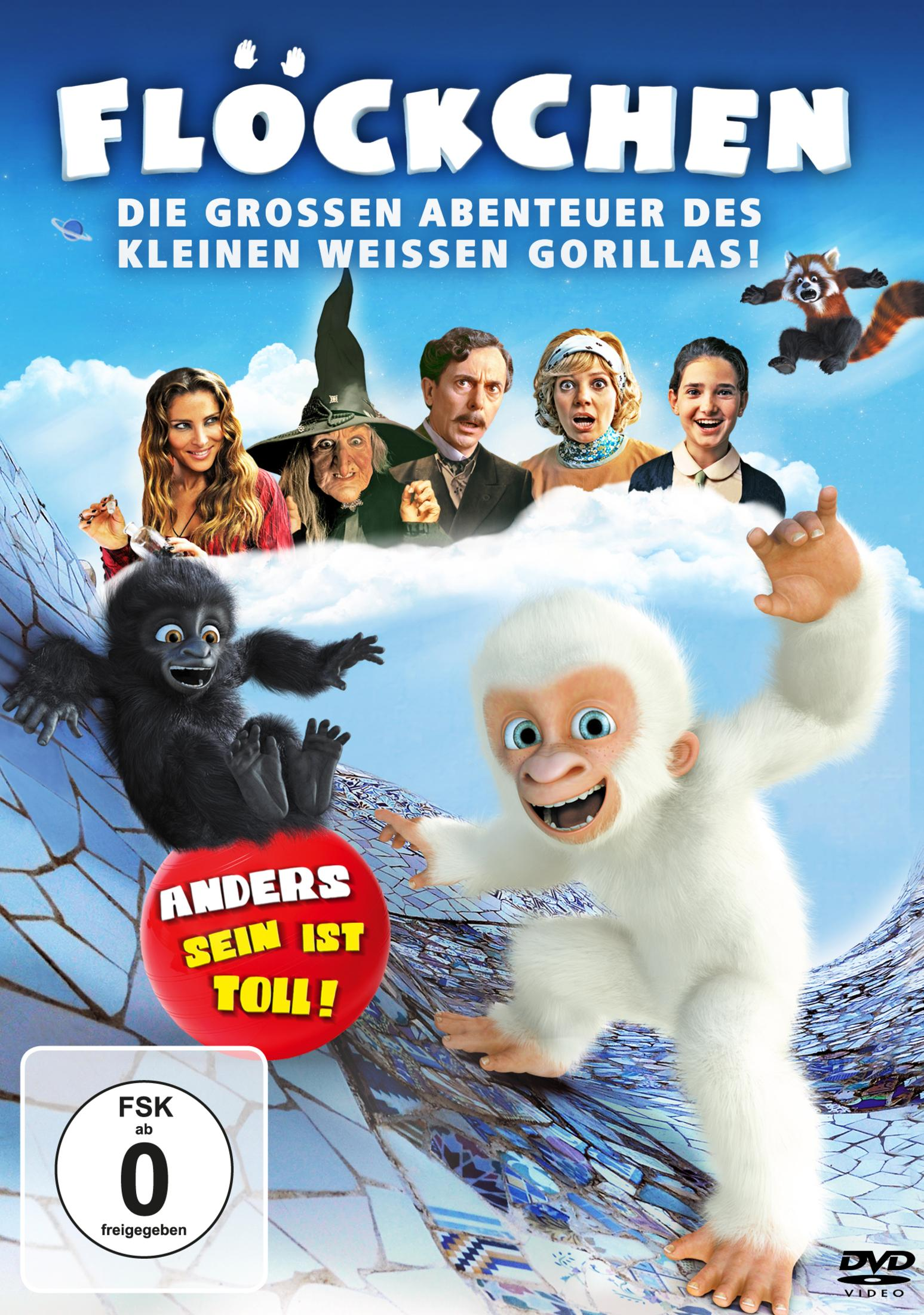 DVD-Cover von Flockchen mit weißem Gorilla, schwarzem Gorilla und Menschen vor blauem Himmel mit Wolken.