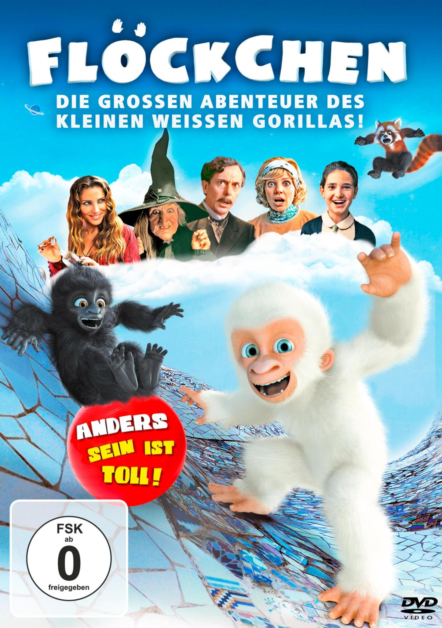 DVD-Cover von Flöckchen mit einem weißen Gorilla, einer schwarzen Gorillababys und menschlichen Charakteren.