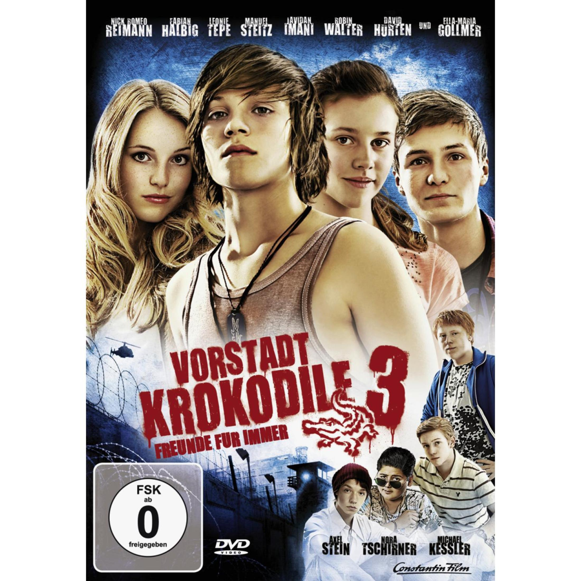 DVD-Cover von Vorstadtkrokodile 3 mit der Gruppe Jugendlicher vor einem blauen Hintergrund.